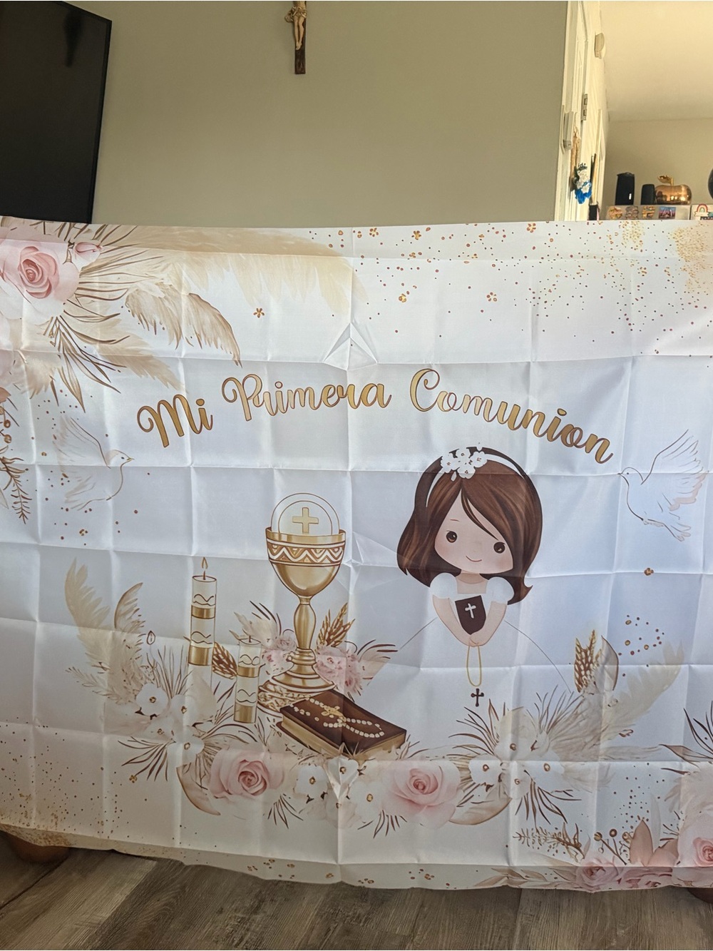 Mi Primera Comunión Backdrop Banner - White, Gold, Blush